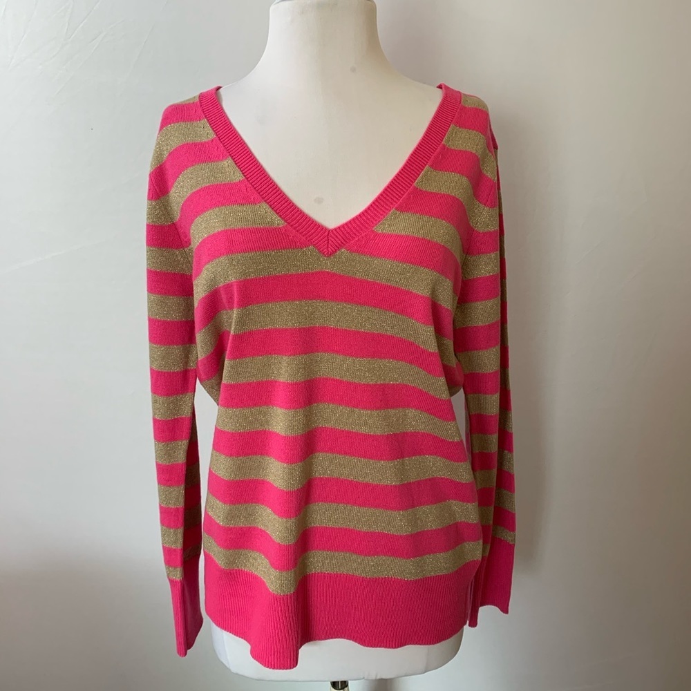 New York & Company Stripped V Neck Sweater Size L
